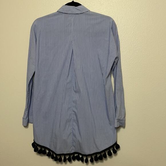 ZARA Woman Blue and White Striped Button Down Blouse with Tassels Size XS - Picture 7 of 8